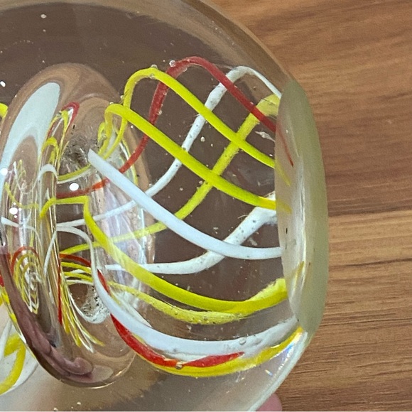 Handblown Art Glass Yellow White & Red Swirl Round Paperweight - Picture 10 of 10